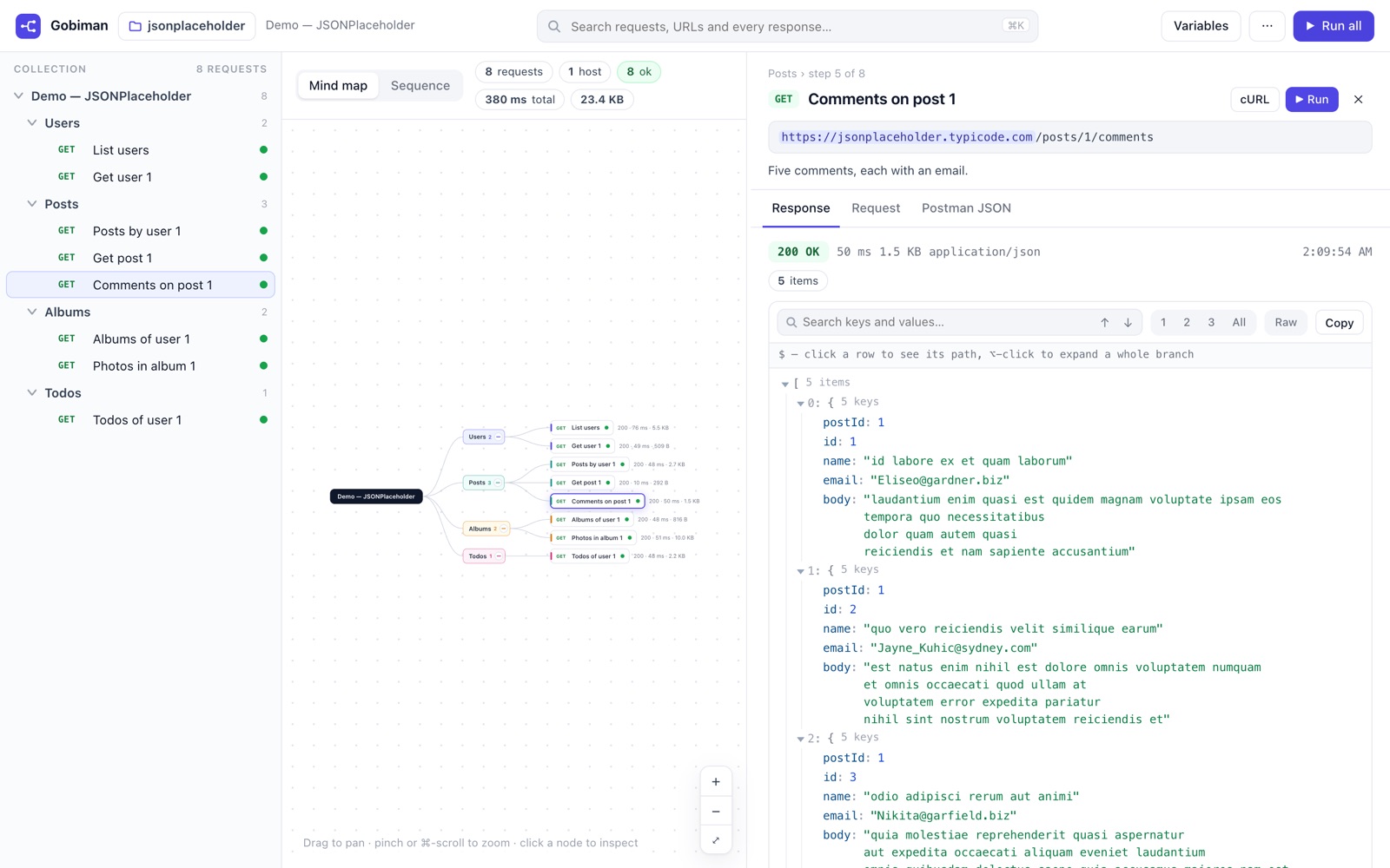 The inspector open on one request: resolved URL, 200 OK with time and size, and the response as a collapsible JSON tree